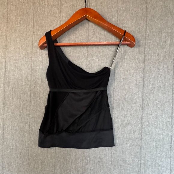 90s Vintage Bebe Black Silk Lace Mix Fabric Shelf Bra One Shoulder Blouse - Picture 7 of 11